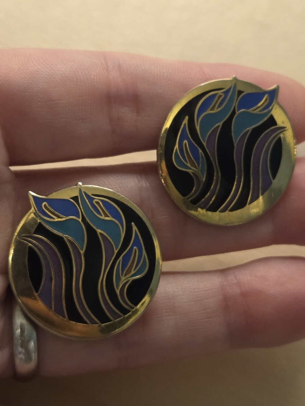 Vintage Laurel Burch Lilies for Les Enamel Gold Tone Clip On Earrings